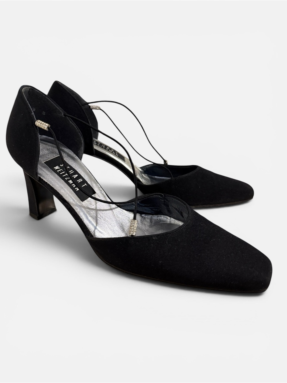 Stuart Weitzman Vintage Black Satin D'Orsay Strappy Rhinestone Heels Size 9